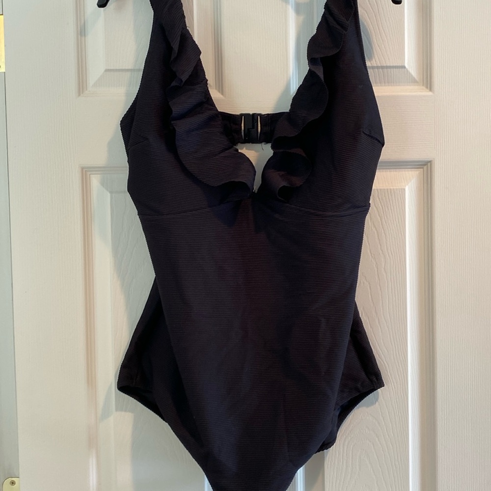 City Chic Cavello Ribbed Ruffle Swimsuit Bathing Suit - Black - Size M / 18